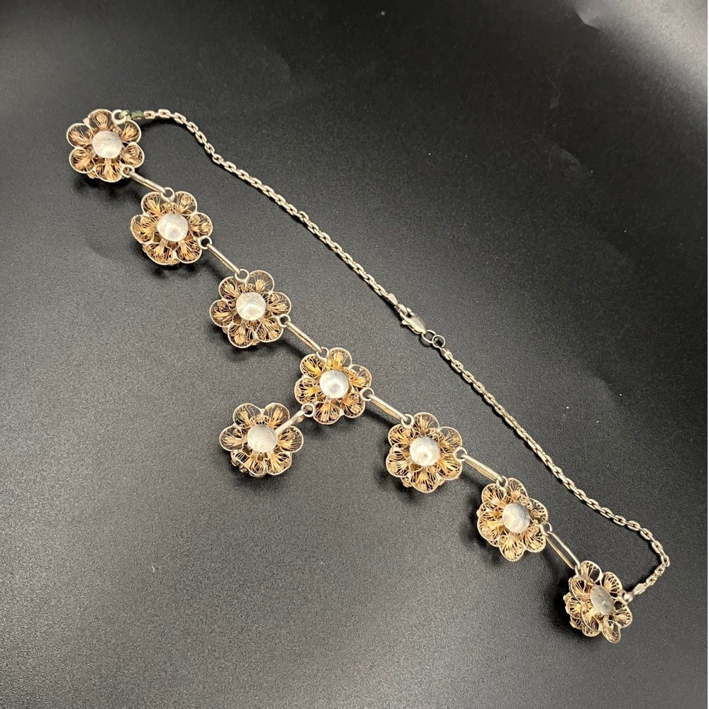 Vintage Flower Filigree Necklace Sterling Silver Floral Drop Antique 16 Inch - Picture 13 of 16